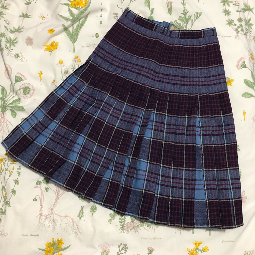 Vintage Purple and Blue Tartan Pleated Midi Skirt